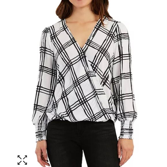 2/$30 BCX White & Black Graphic Print Cross Front Top Womens Size M Semi Sheer - Picture 3 of 14